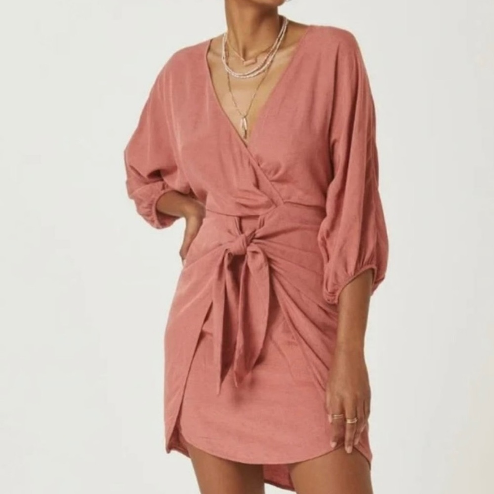 Linen plunge puff sleeve wrap Mini dress Rust Color